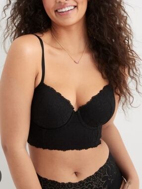 aerie Black Lace Demi Bra with Longline Band